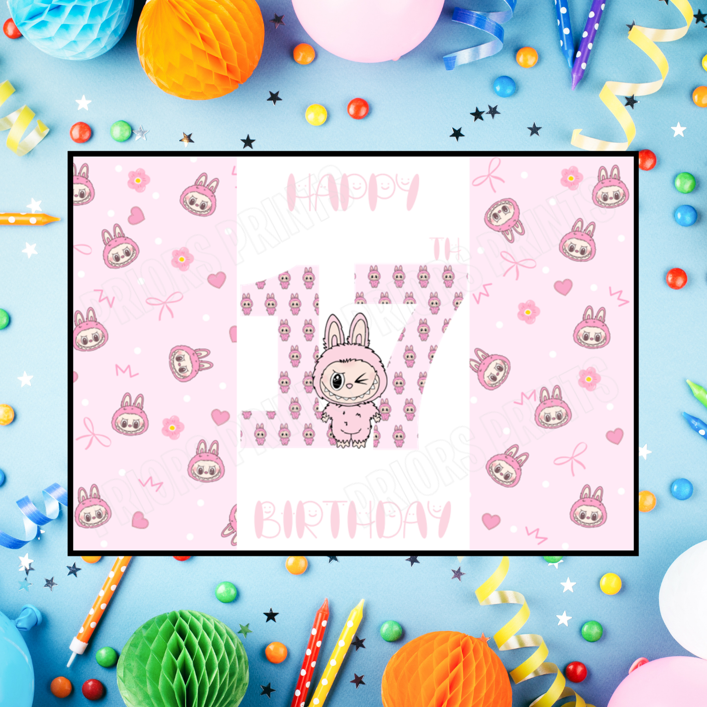 Pink Labubu Birthday Chocolate Bar Wrapper with Age 5-20 Years (Matches Cards)