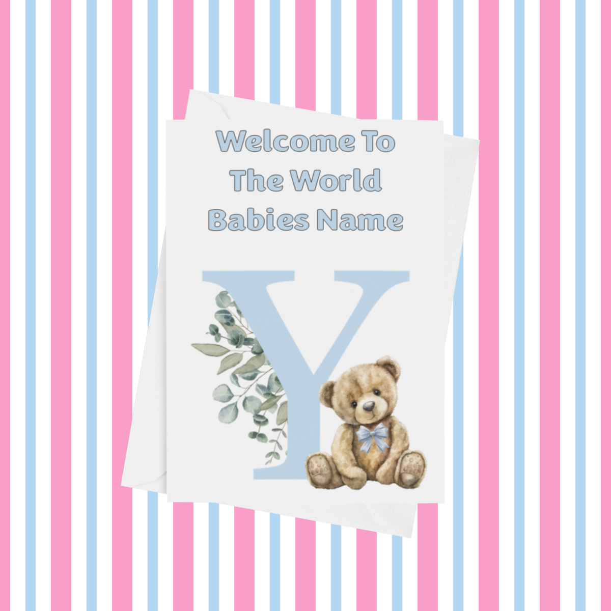 Cute Blue Bear Welcome To The World Personalised Card for New Baby