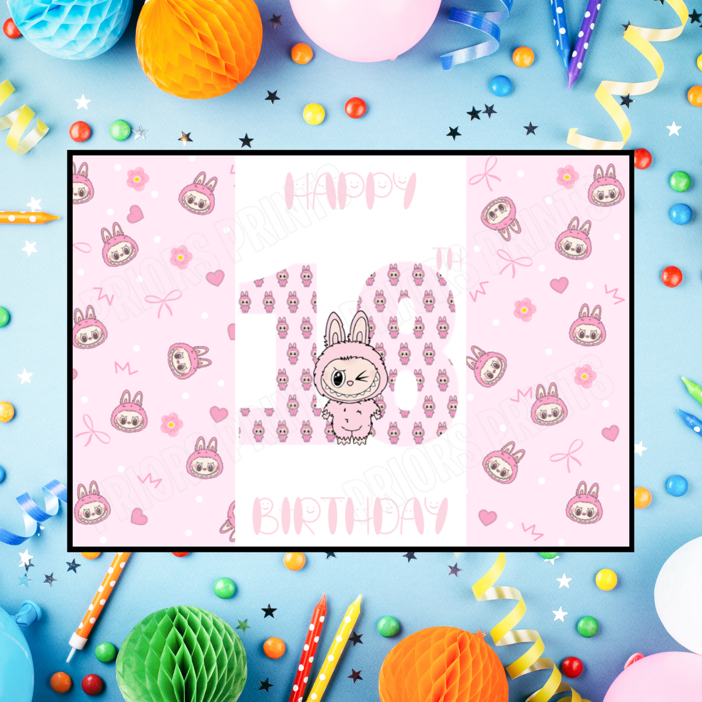 Pink Labubu Birthday Chocolate Bar Wrapper with Age 5-20 Years (Matches Cards)