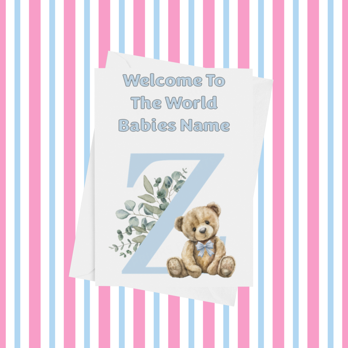 Cute Blue Bear Welcome To The World Personalised Card for New Baby