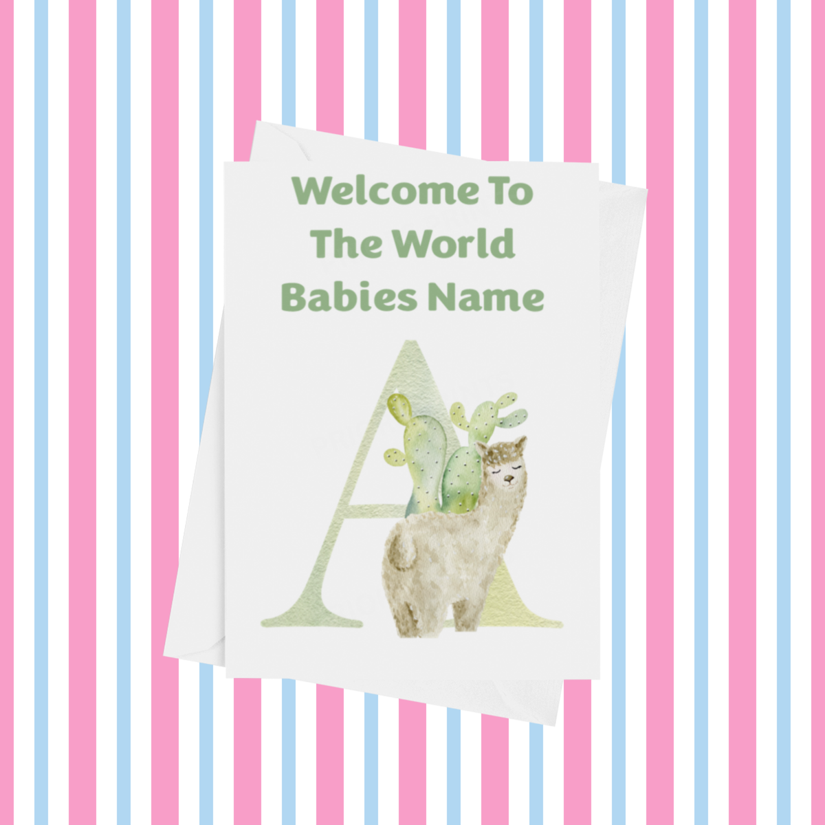 Welcome To The World Llama Personalised Card for New Baby in Green