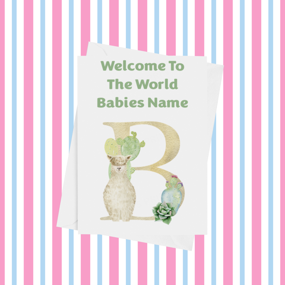 Welcome To The World Llama Personalised Card for New Baby in Green