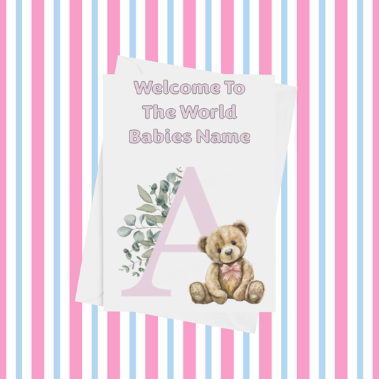 Cute Pink Bear Welcome To The World Personalised Card for New Baby