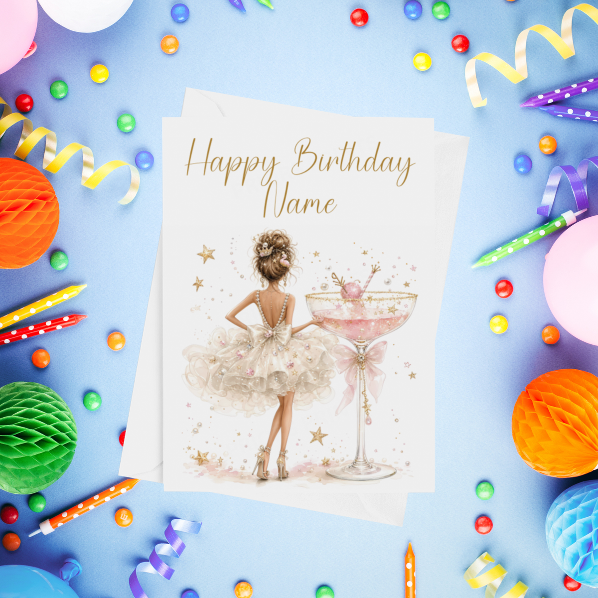 Woman in Pretty Dress with Drink Personalised Birthday Card