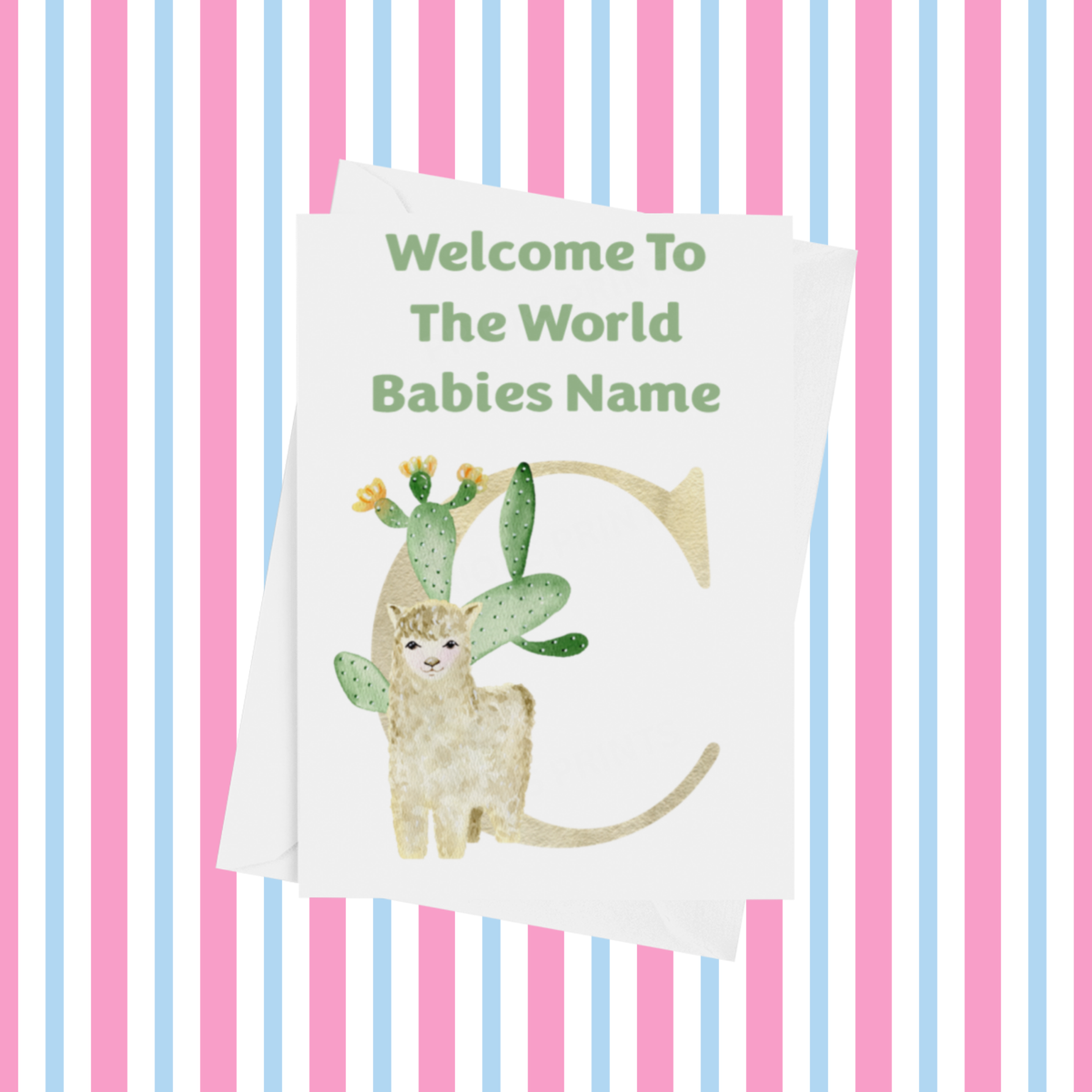 Welcome To The World Llama Personalised Card for New Baby in Green