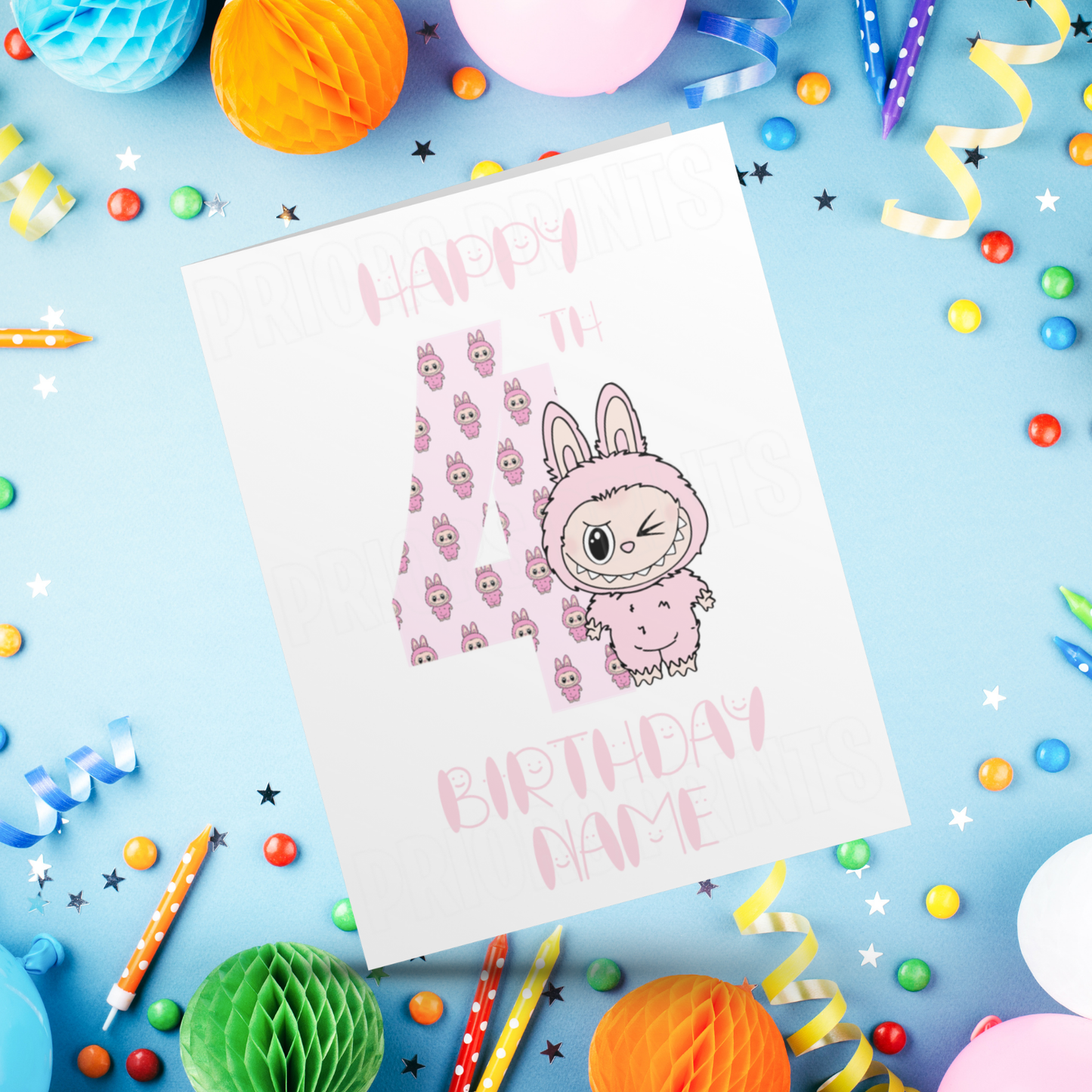 Personalised Labubu Birthday Card with Age 5-20 Years- Pink