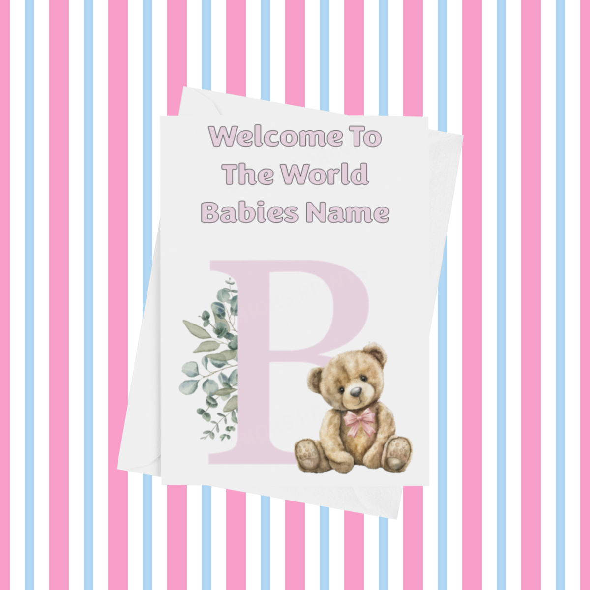 Cute Pink Bear Welcome To The World Personalised Card for New Baby
