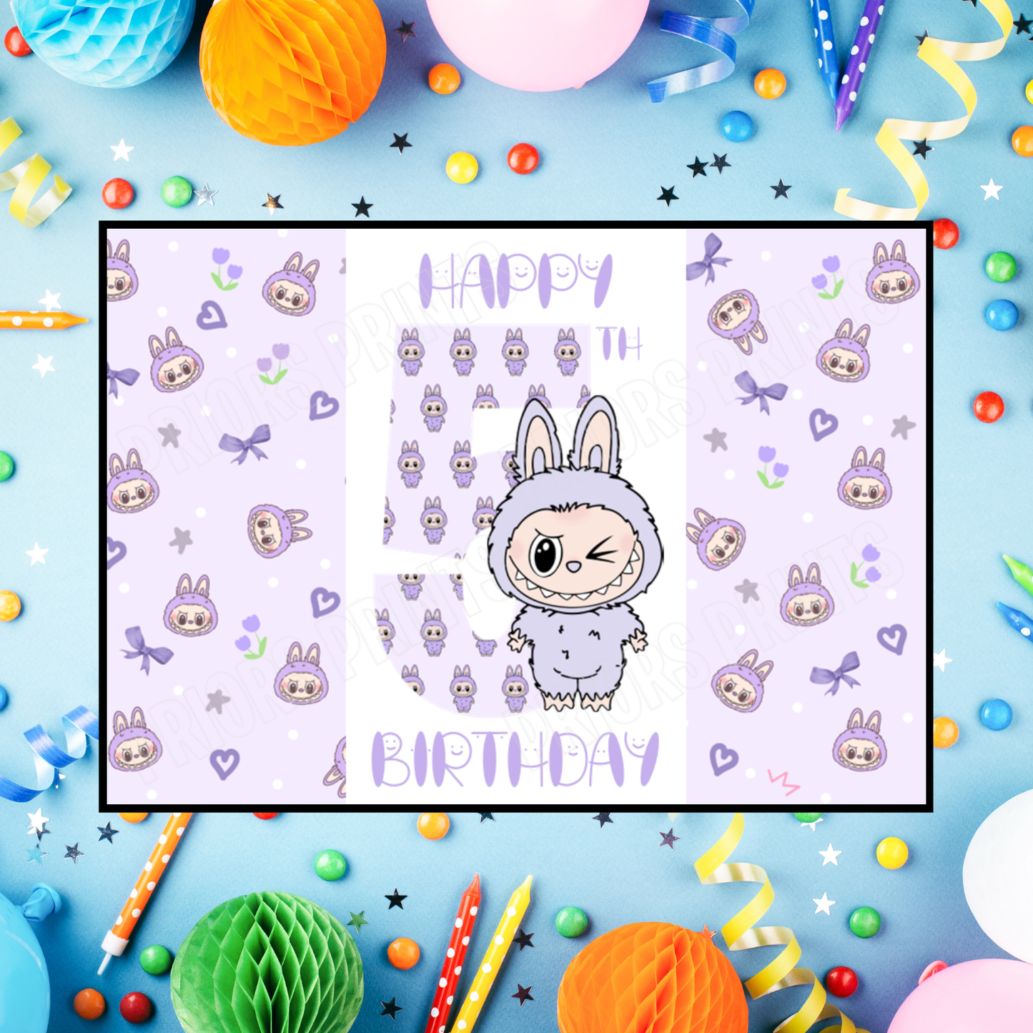 Purple Labubu Birthday Chocolate Bar Wrapper with Age 5-20 Years (Matches Cards)