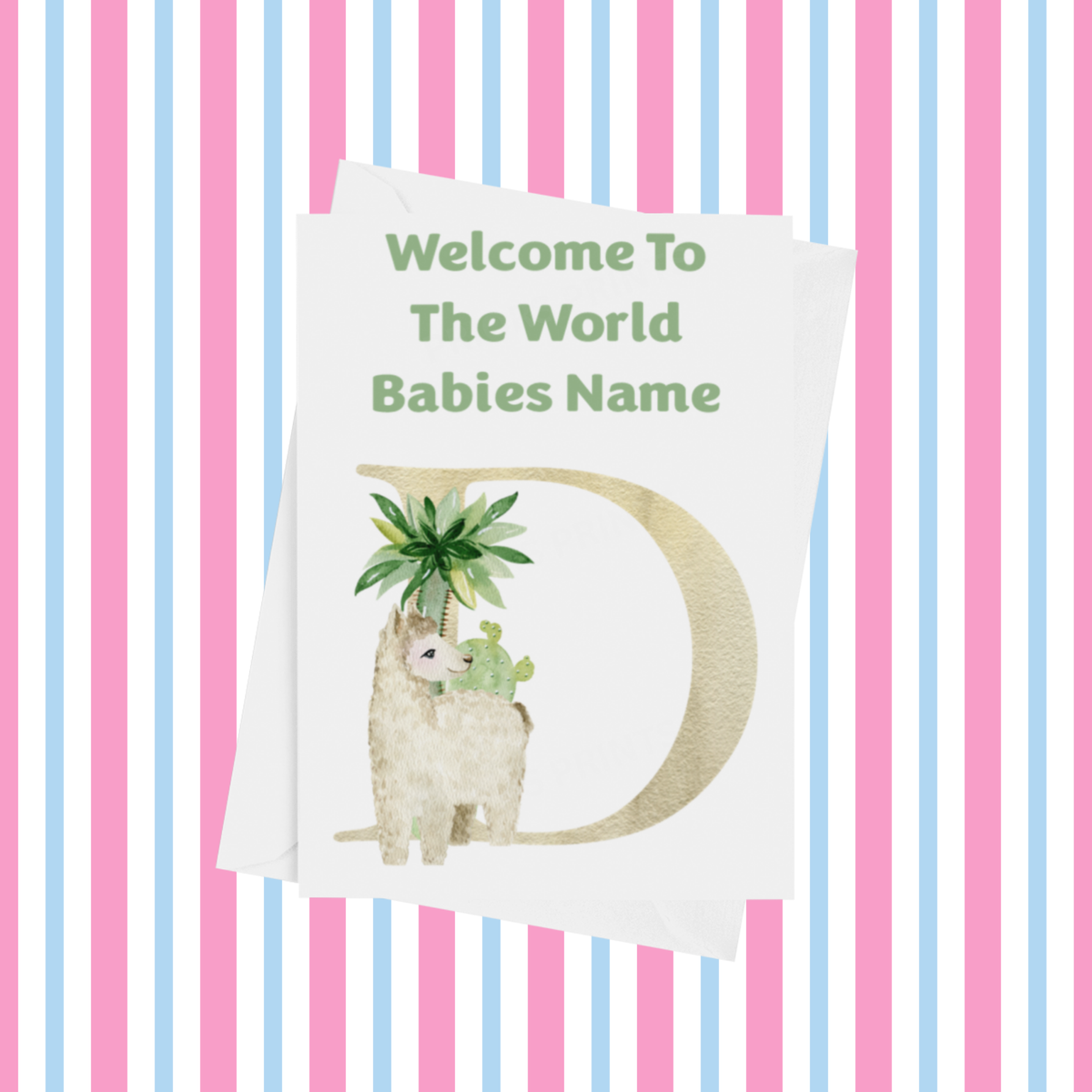 Welcome To The World Llama Personalised Card for New Baby in Green