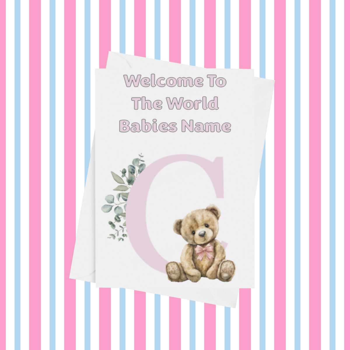 Cute Pink Bear Welcome To The World Personalised Card for New Baby