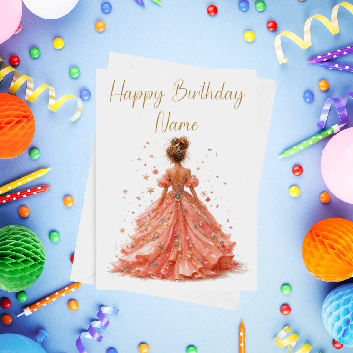Woman in Pretty Dress 2 Personalised Birthday Card