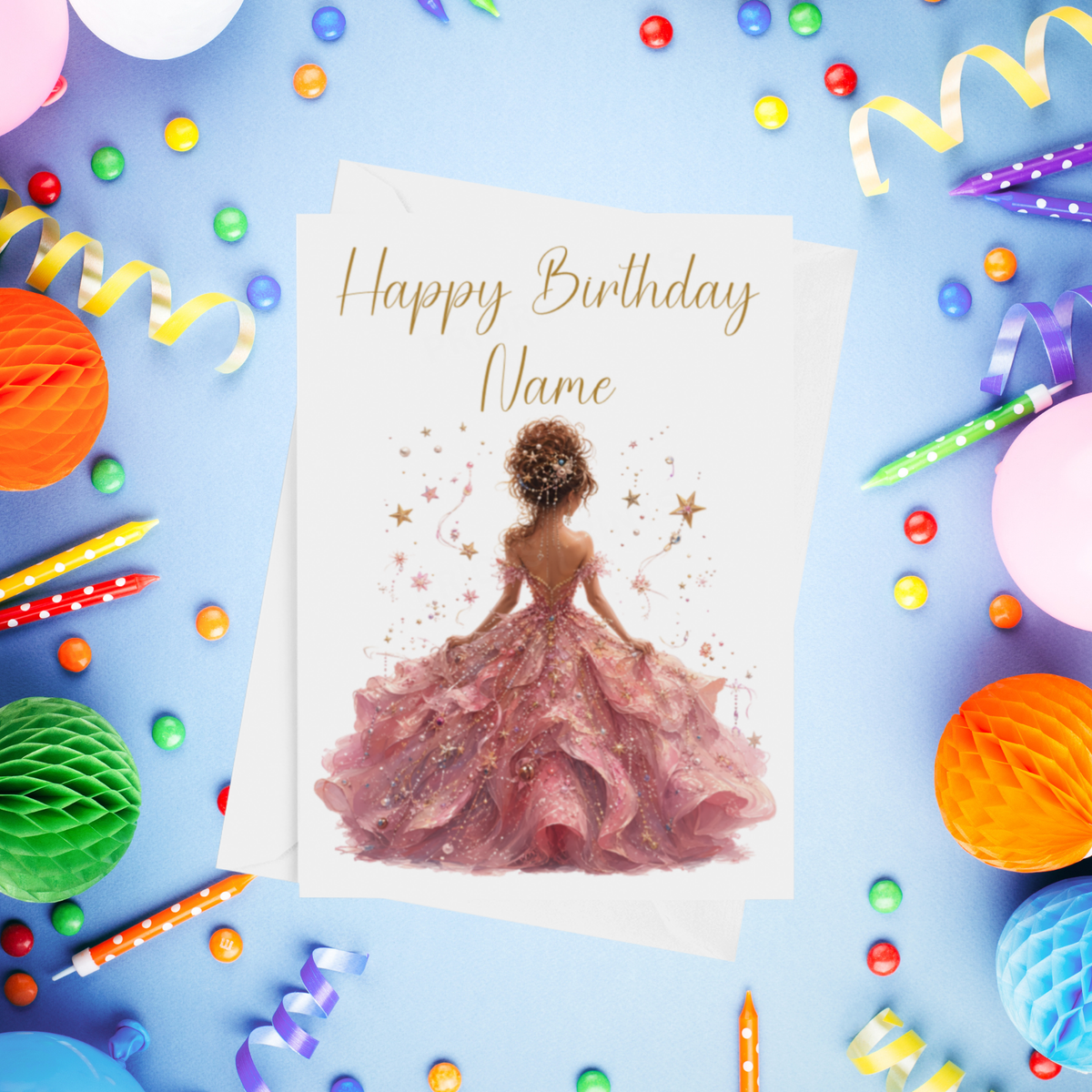 Woman in Pretty Dress 2 Personalised Birthday Card