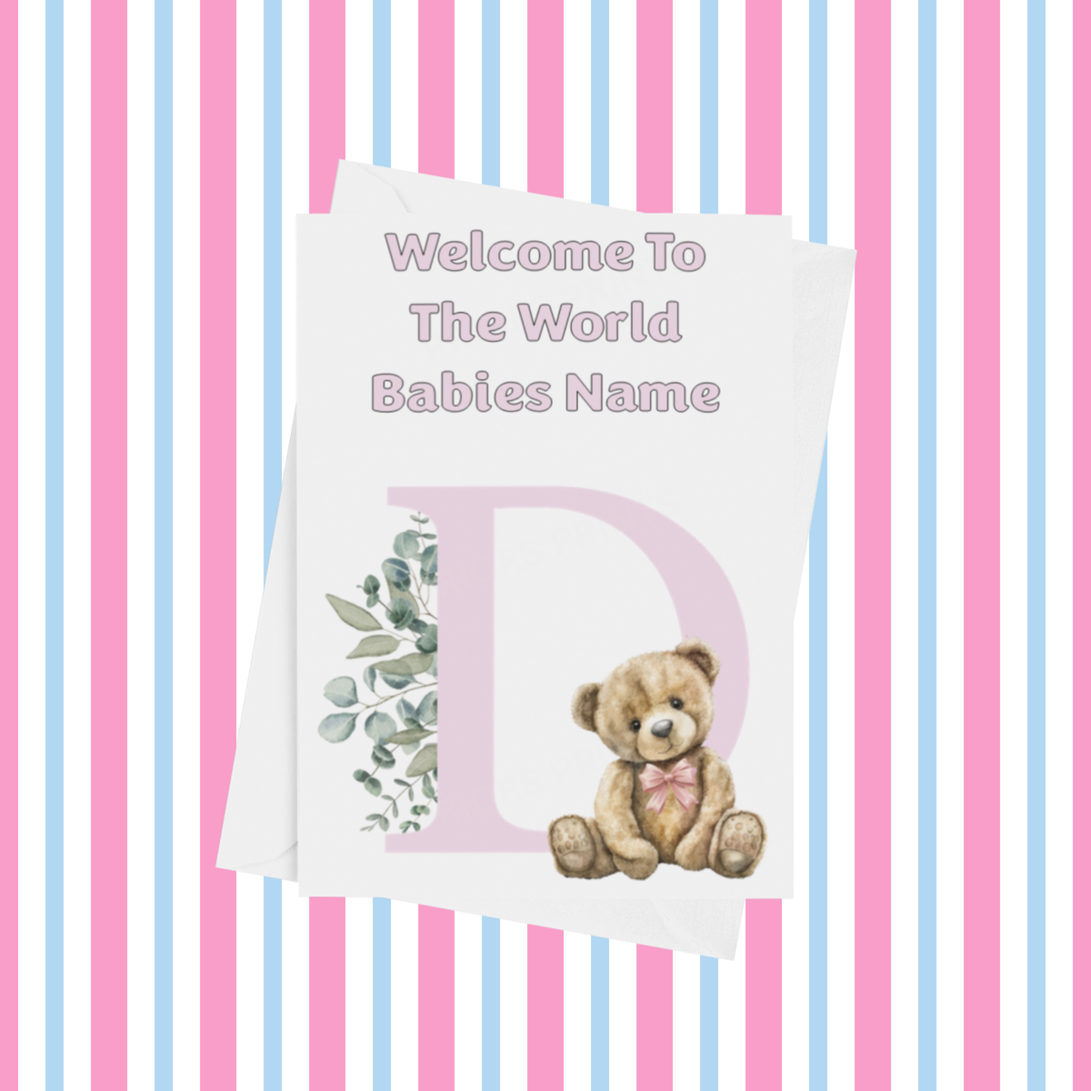 Cute Pink Bear Welcome To The World Personalised Card for New Baby