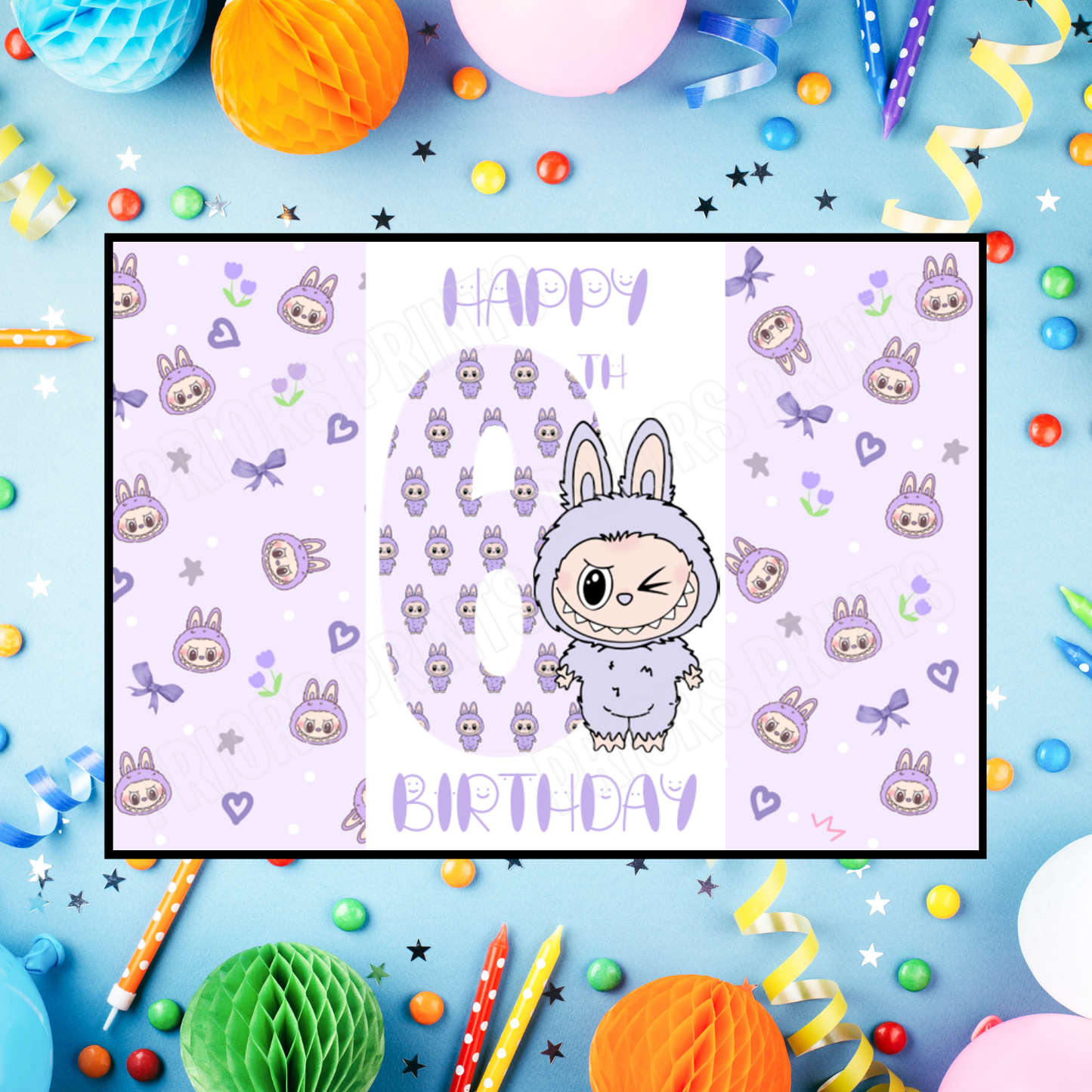 Purple Labubu Birthday Chocolate Bar Wrapper with Age 5-20 Years (Matches Cards)