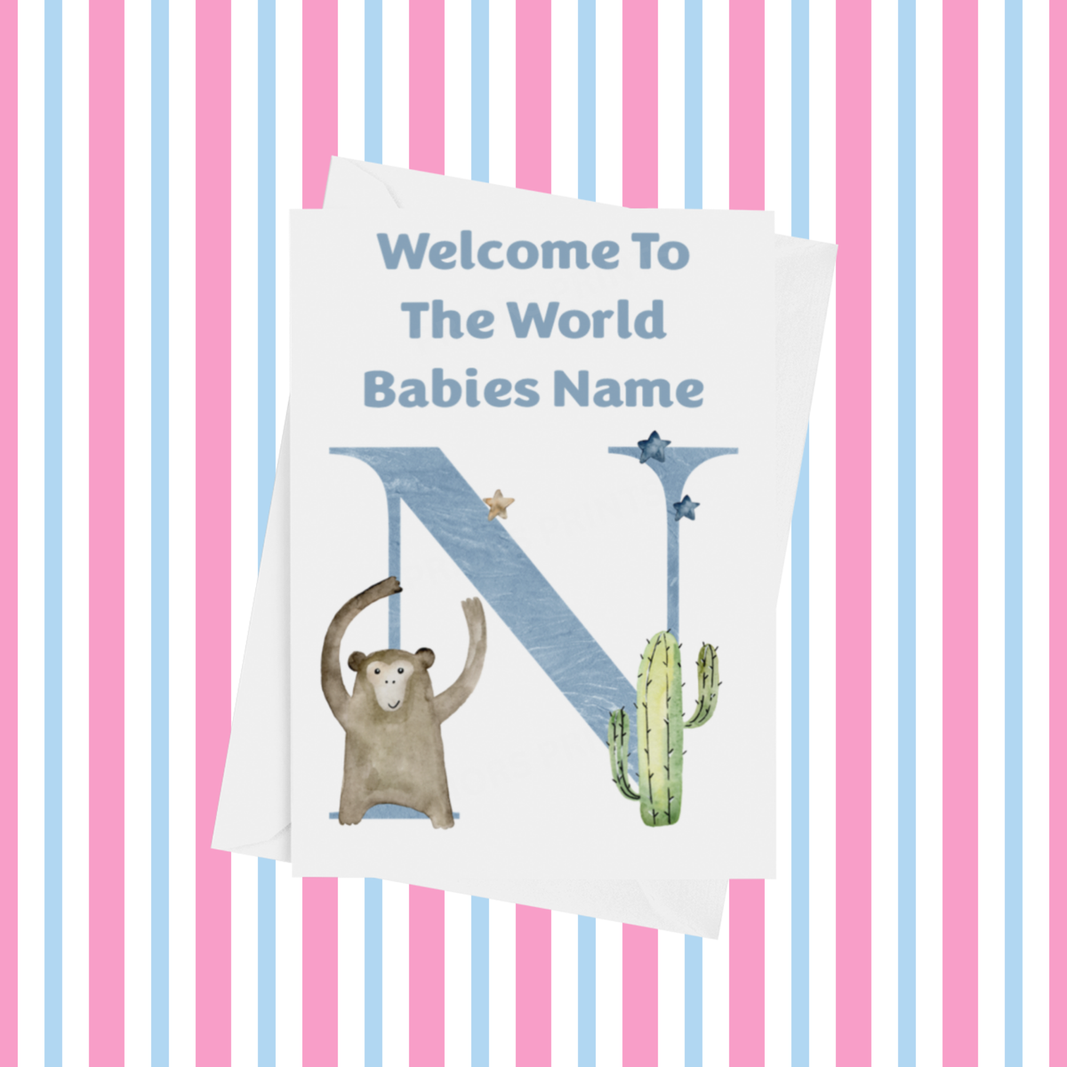 Welcome To The World Animals Personalised Card for New Baby in Blue
