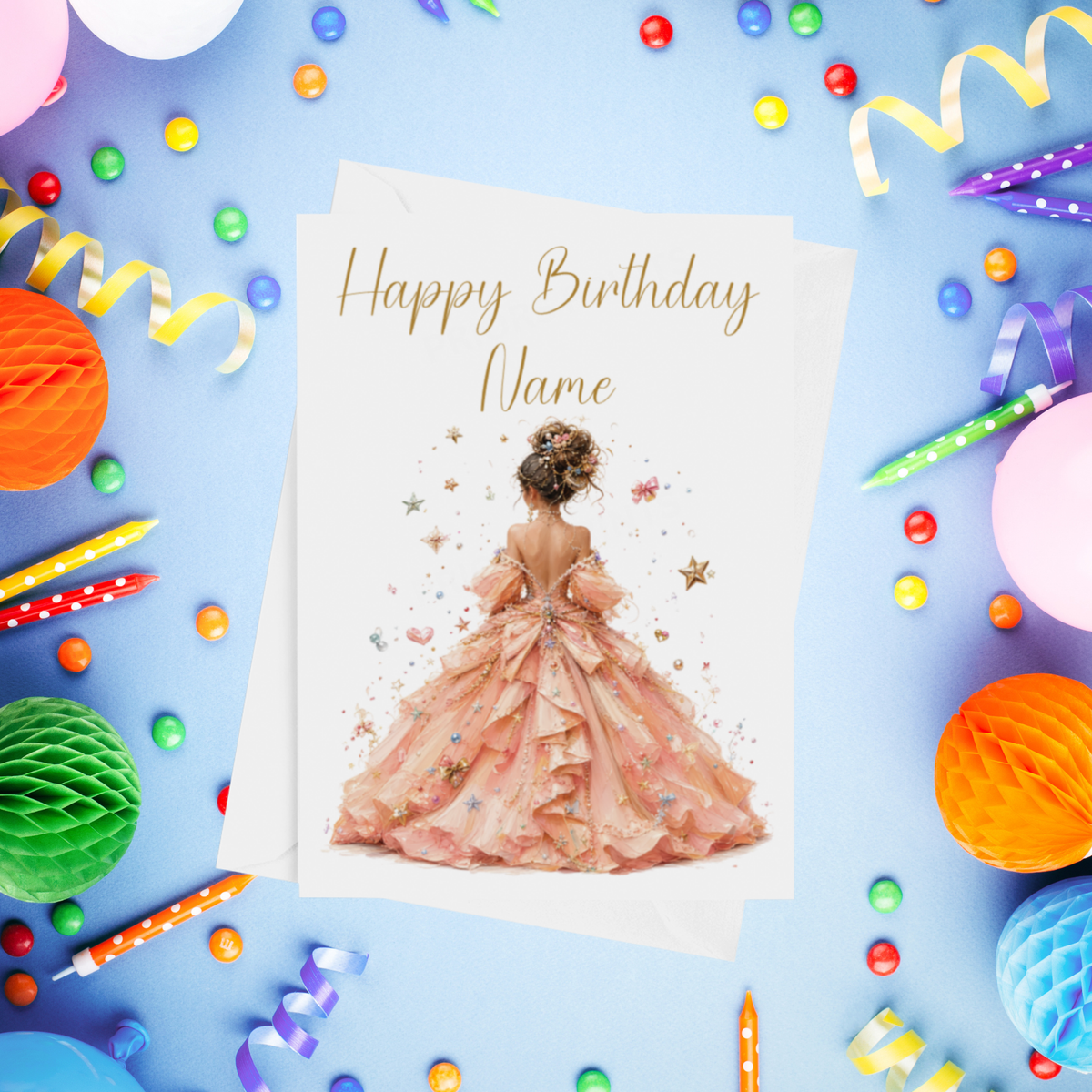 Woman in Pretty Dress 2 Personalised Birthday Card