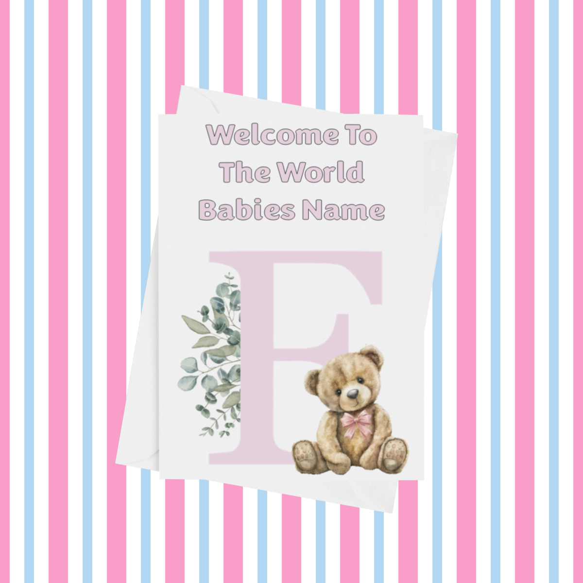 Cute Pink Bear Welcome To The World Personalised Card for New Baby