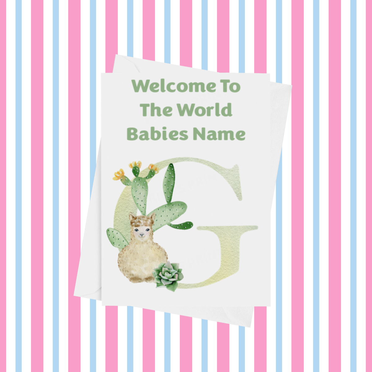 Welcome To The World Llama Personalised Card for New Baby in Green