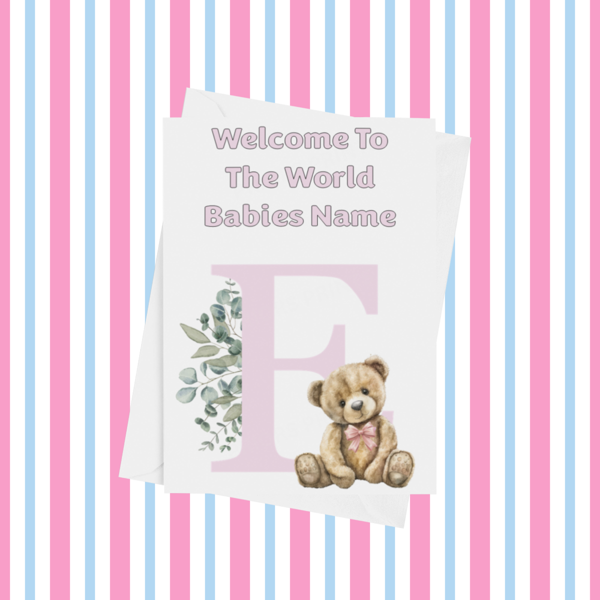 Cute Pink Bear Welcome To The World Personalised Card for New Baby