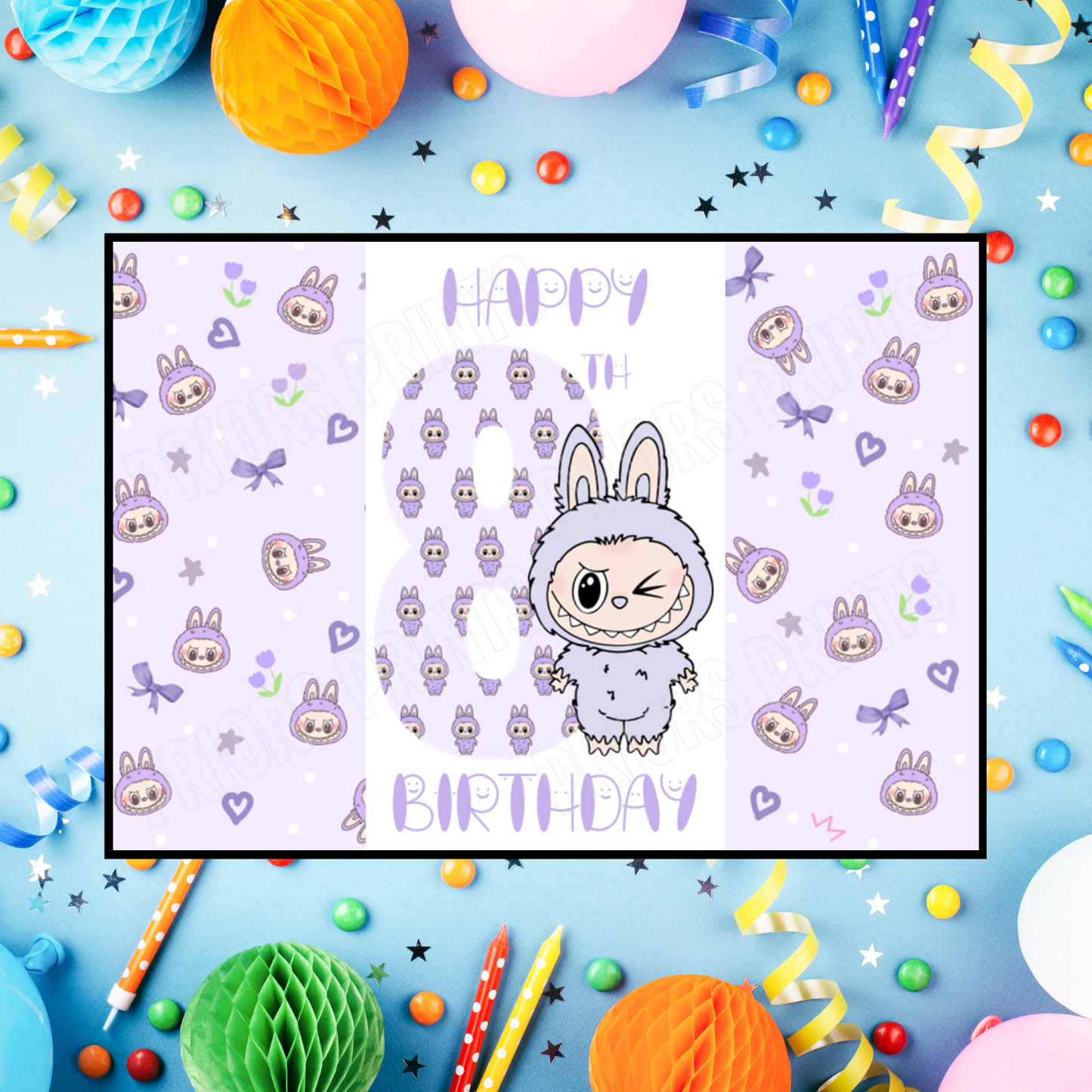 Purple Labubu Birthday Chocolate Bar Wrapper with Age 5-20 Years (Matches Cards)