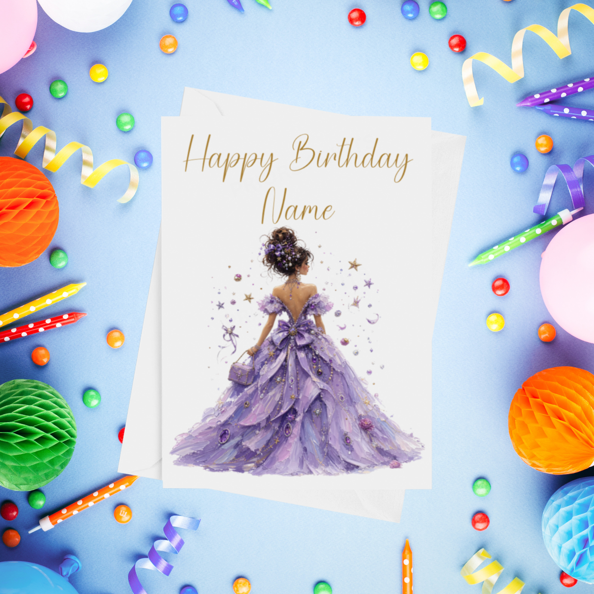 Woman in Pretty Dress 2 Personalised Birthday Card