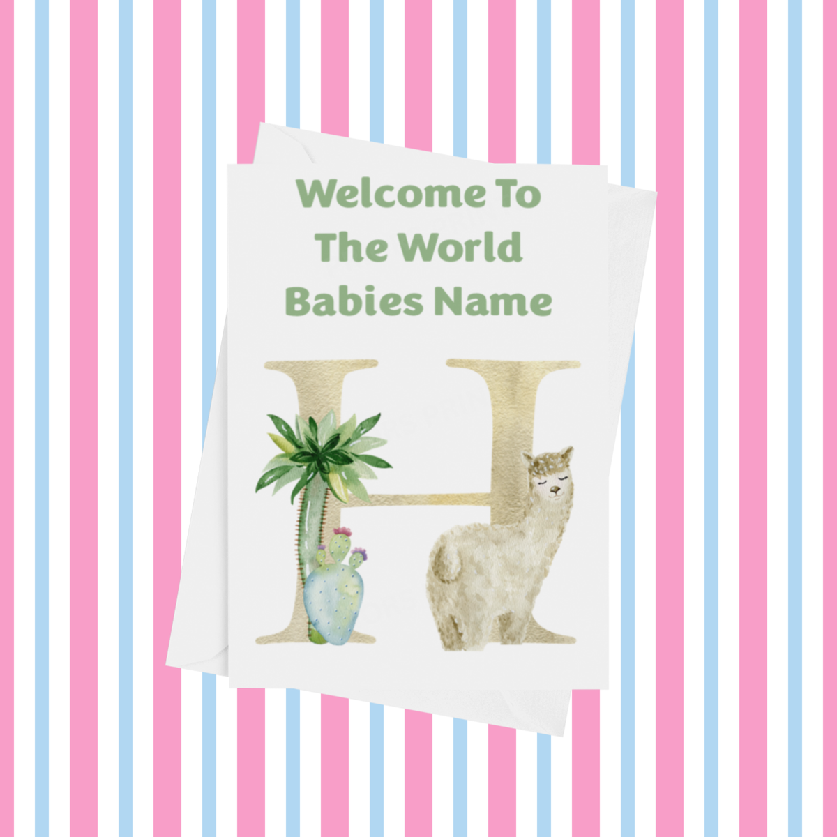 Welcome To The World Llama Personalised Card for New Baby in Green