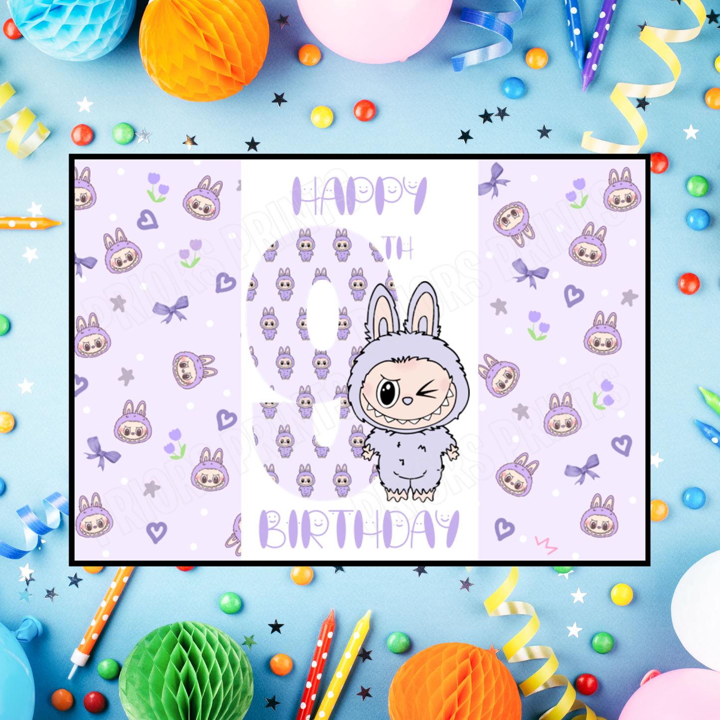 Purple Labubu Birthday Chocolate Bar Wrapper with Age 5-20 Years (Matches Cards)