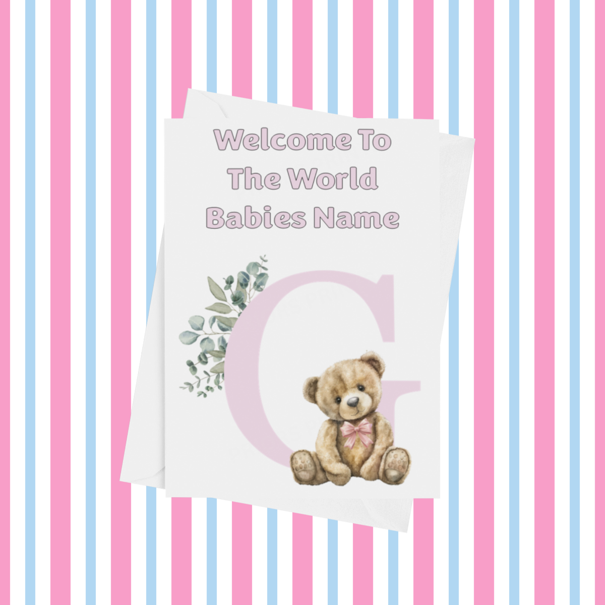 Cute Pink Bear Welcome To The World Personalised Card for New Baby