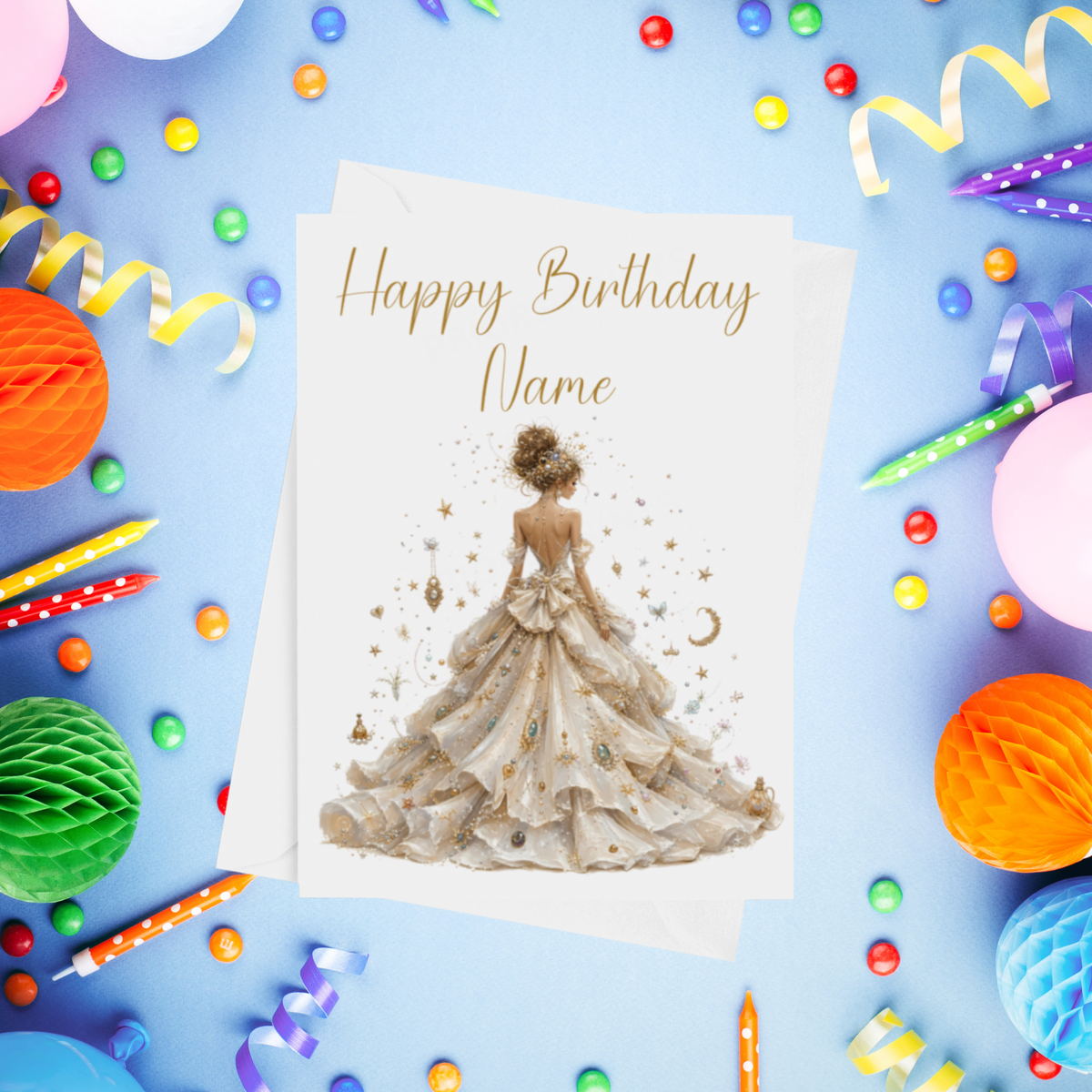 Woman in Pretty Dress 2 Personalised Birthday Card