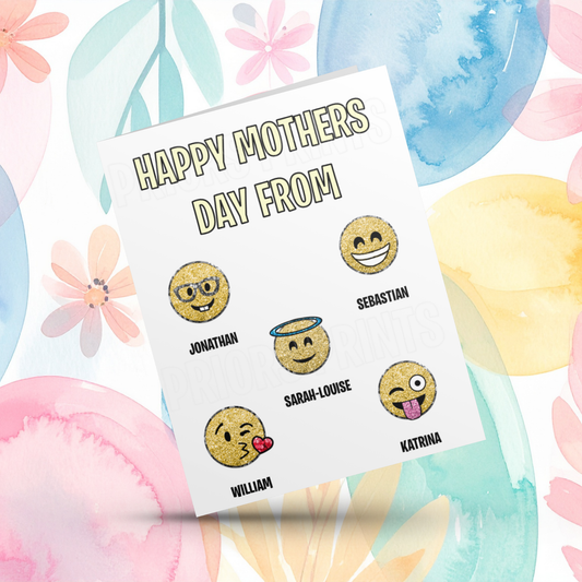 Smiley Face Emoji Personalised Mothers Day Card with Children's Names