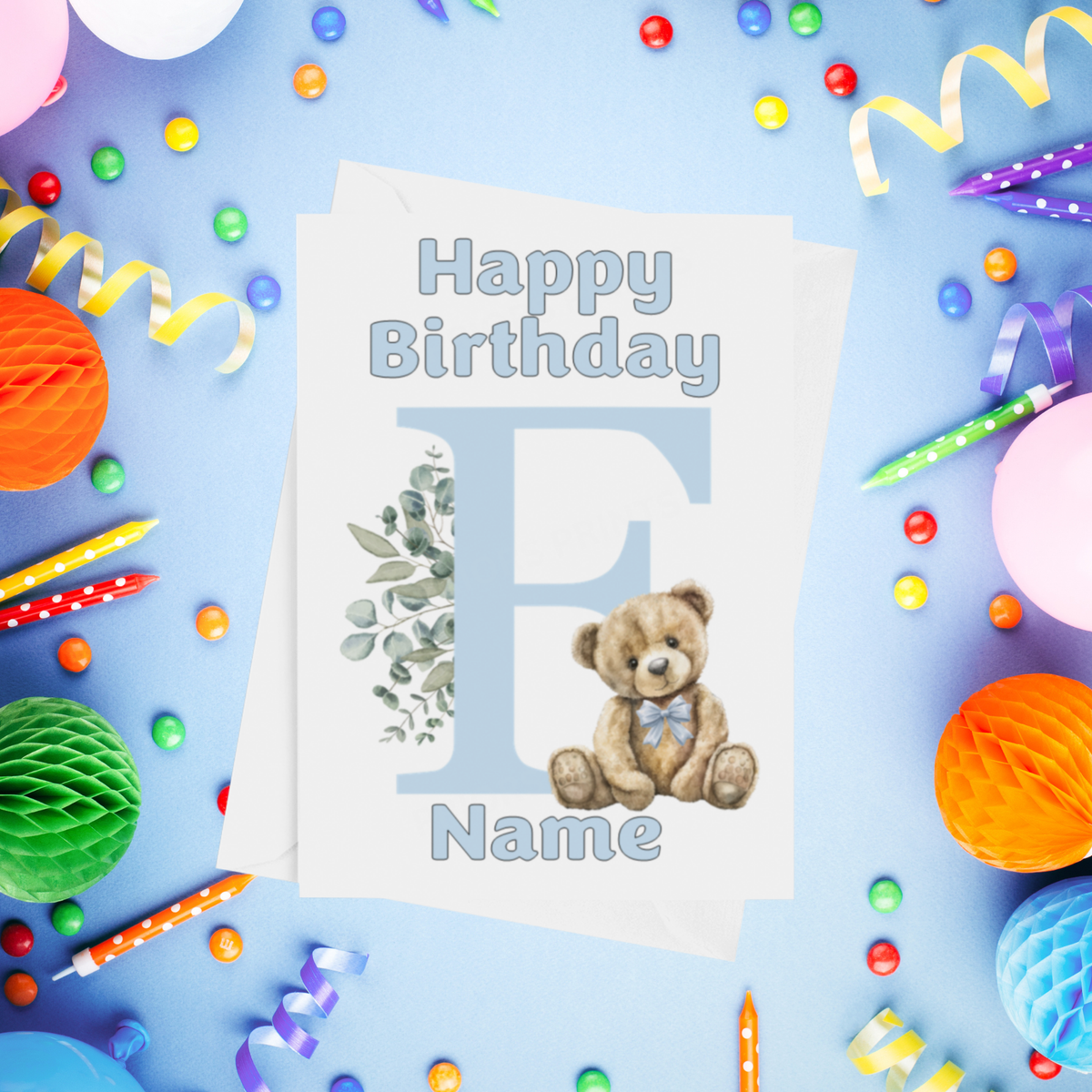 Cute Blue Alphabet Bear Personalised Birthday Card