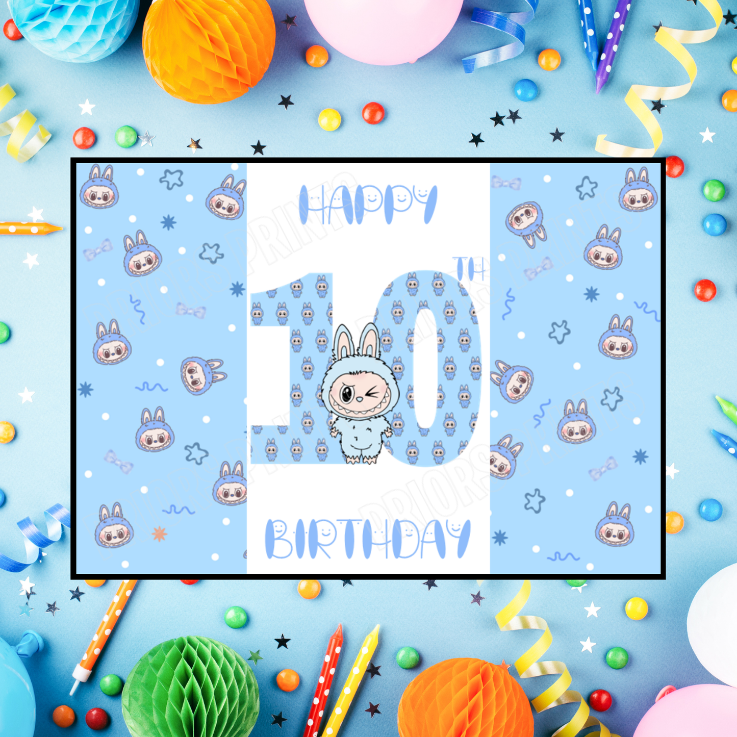 Blue Labubu Birthday Chocolate Bar Wrapper with Age 5-20 Years (Matches Cards)