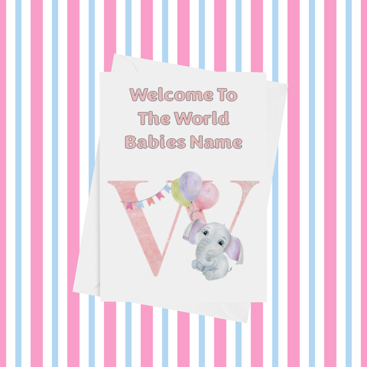 Welcome To The World Elephants Personalised Card for New Baby in Pink
