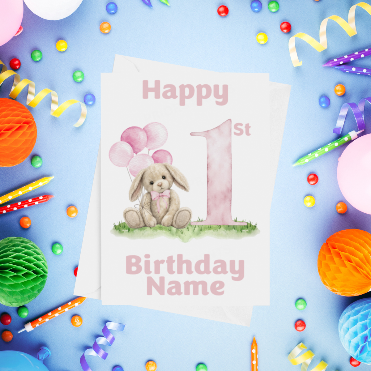 Birthday Bunny Personalised Birthday Card Ages 1-4 in Pink or Blue