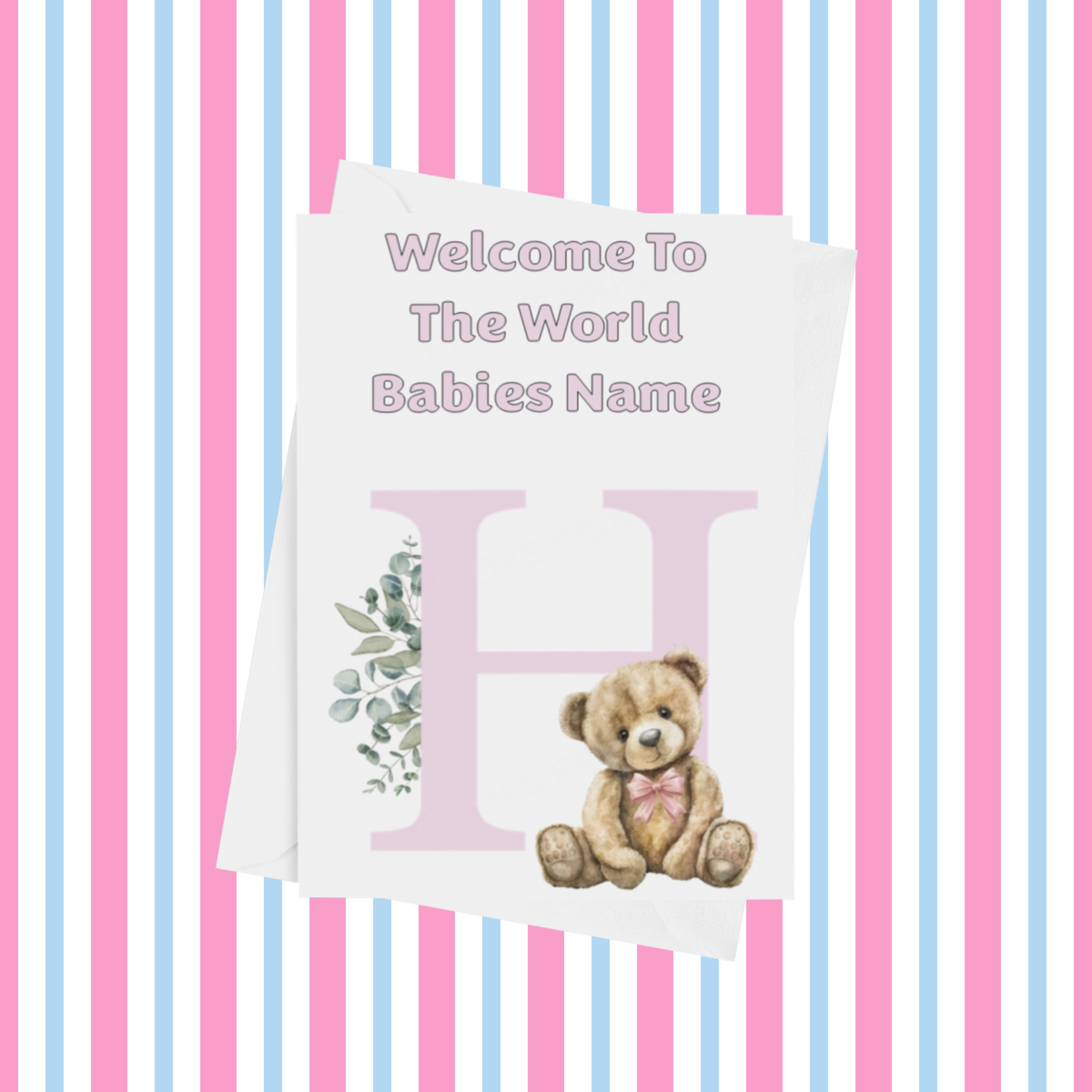 Cute Pink Bear Welcome To The World Personalised Card for New Baby