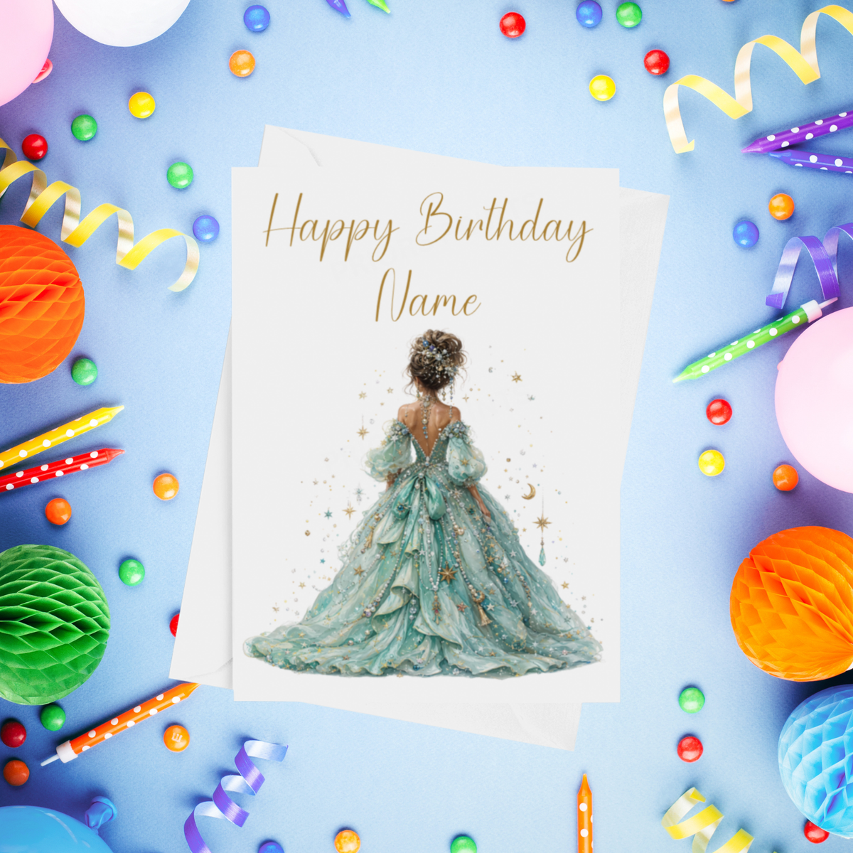 Woman in Pretty Dress 2 Personalised Birthday Card