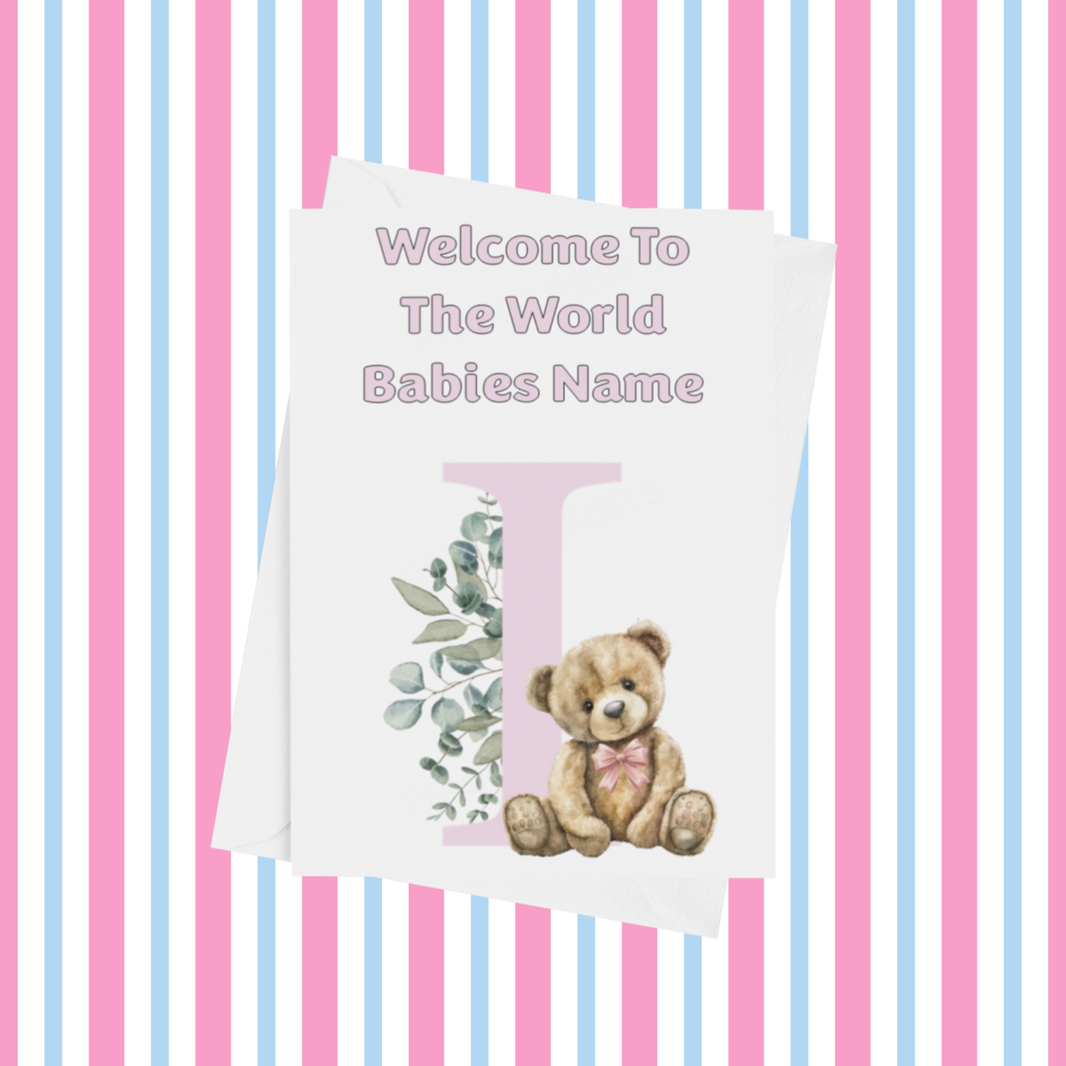 Cute Pink Bear Welcome To The World Personalised Card for New Baby