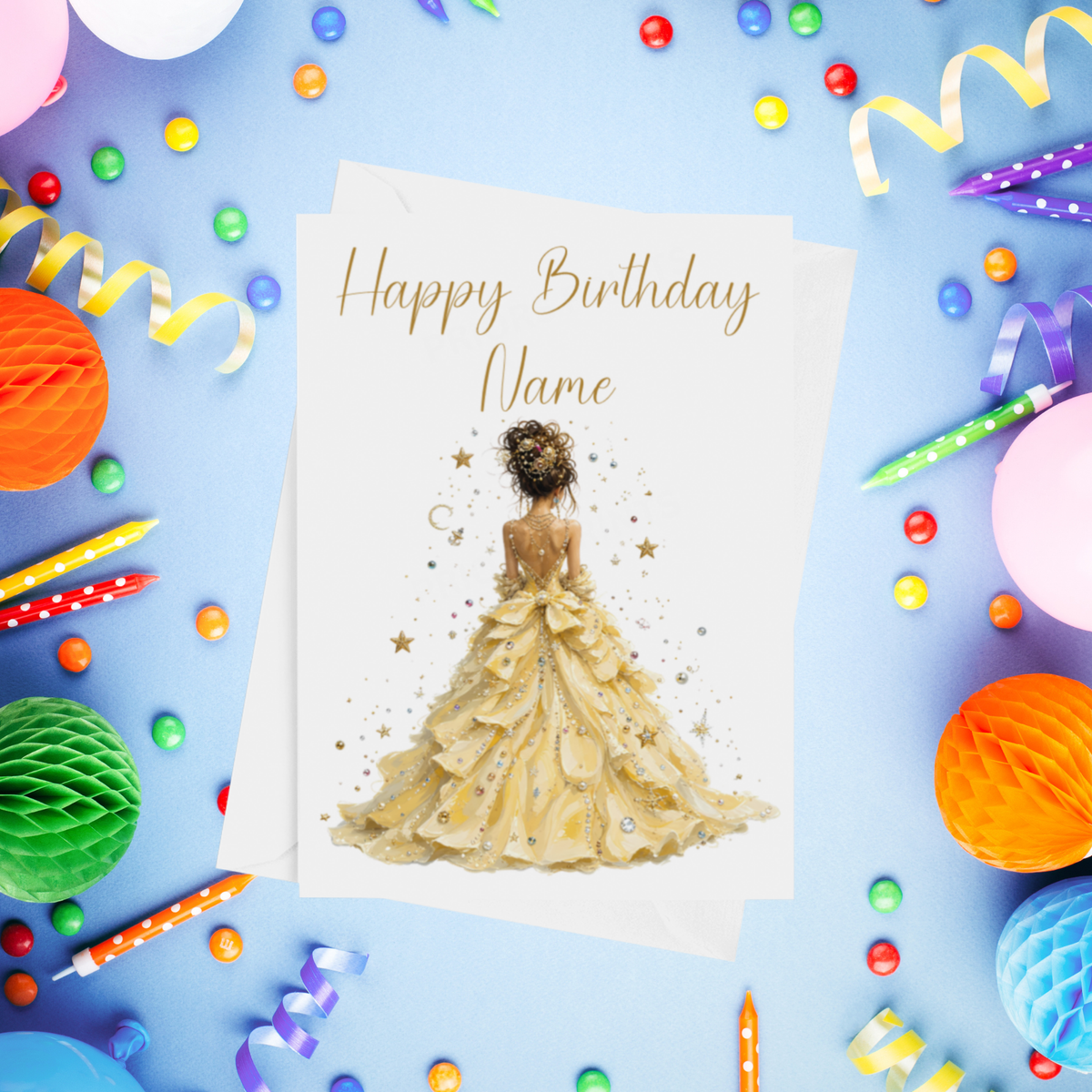 Woman in Pretty Dress 2 Personalised Birthday Card