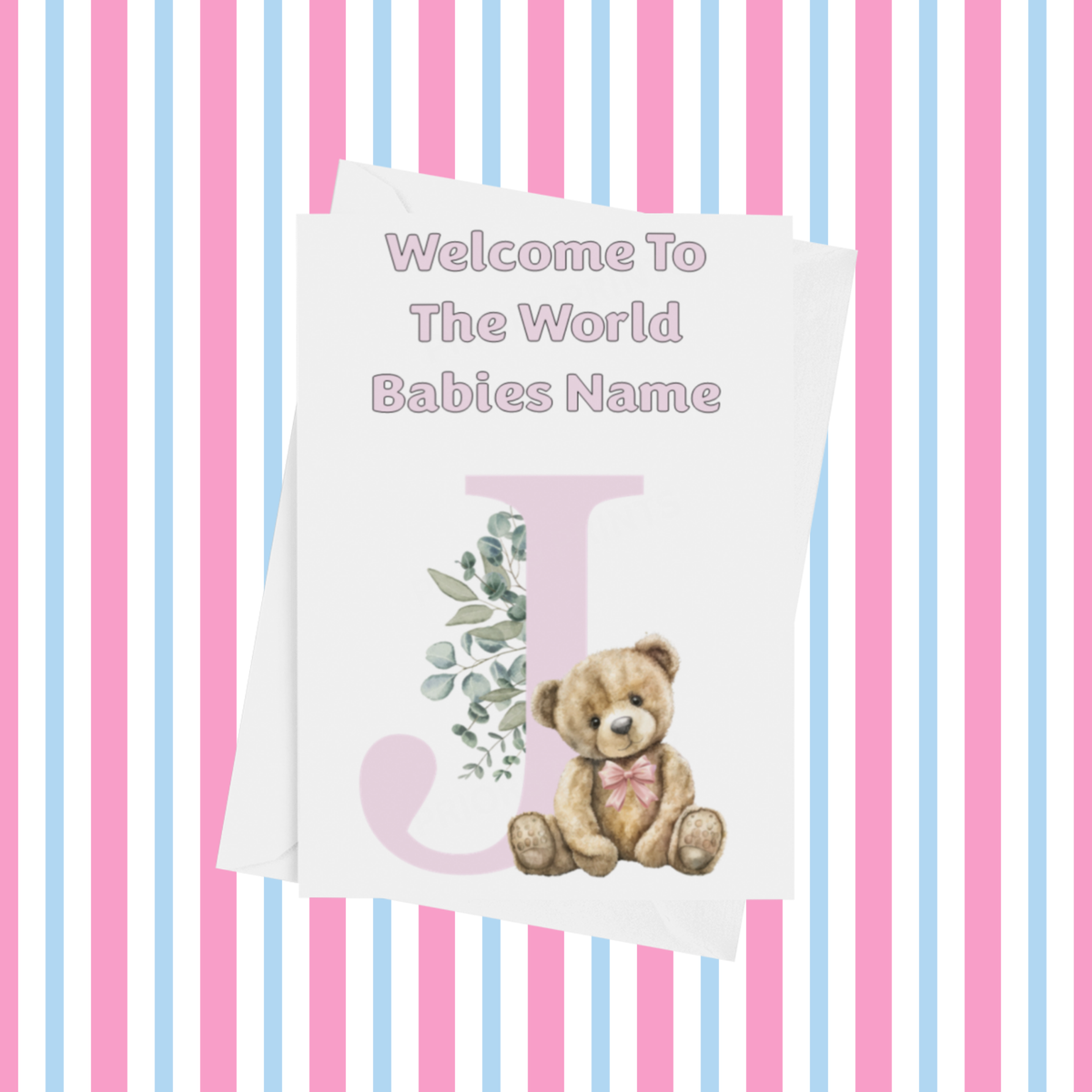 Cute Pink Bear Welcome To The World Personalised Card for New Baby