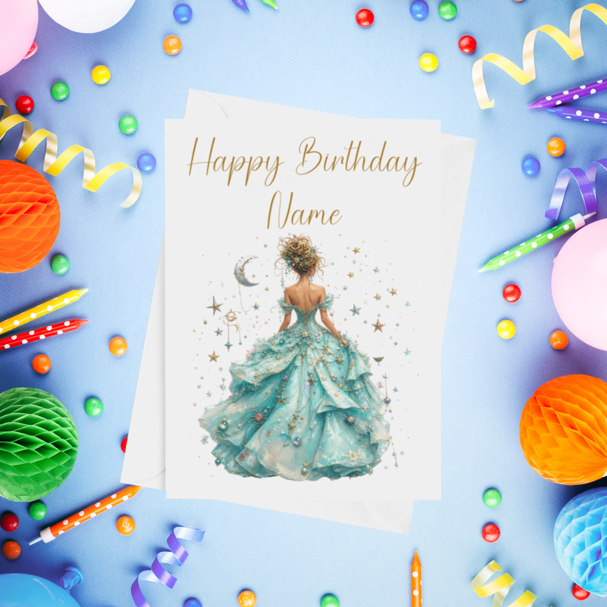 Woman in Pretty Dress 2 Personalised Birthday Card