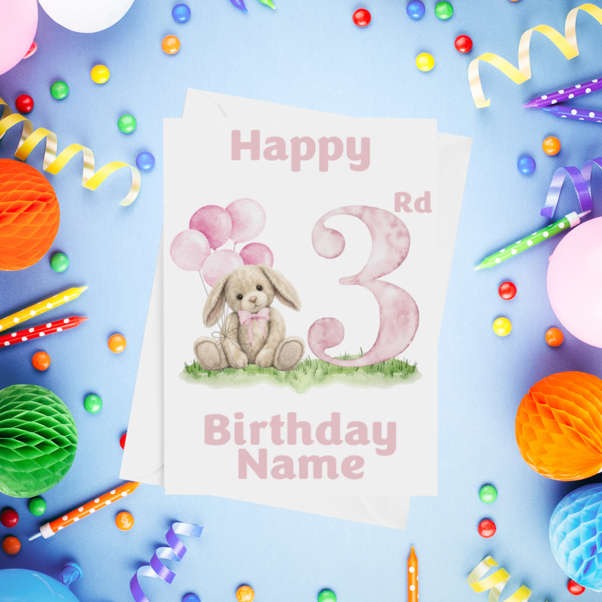Birthday Bunny Personalised Birthday Card Ages 1-4 in Pink or Blue