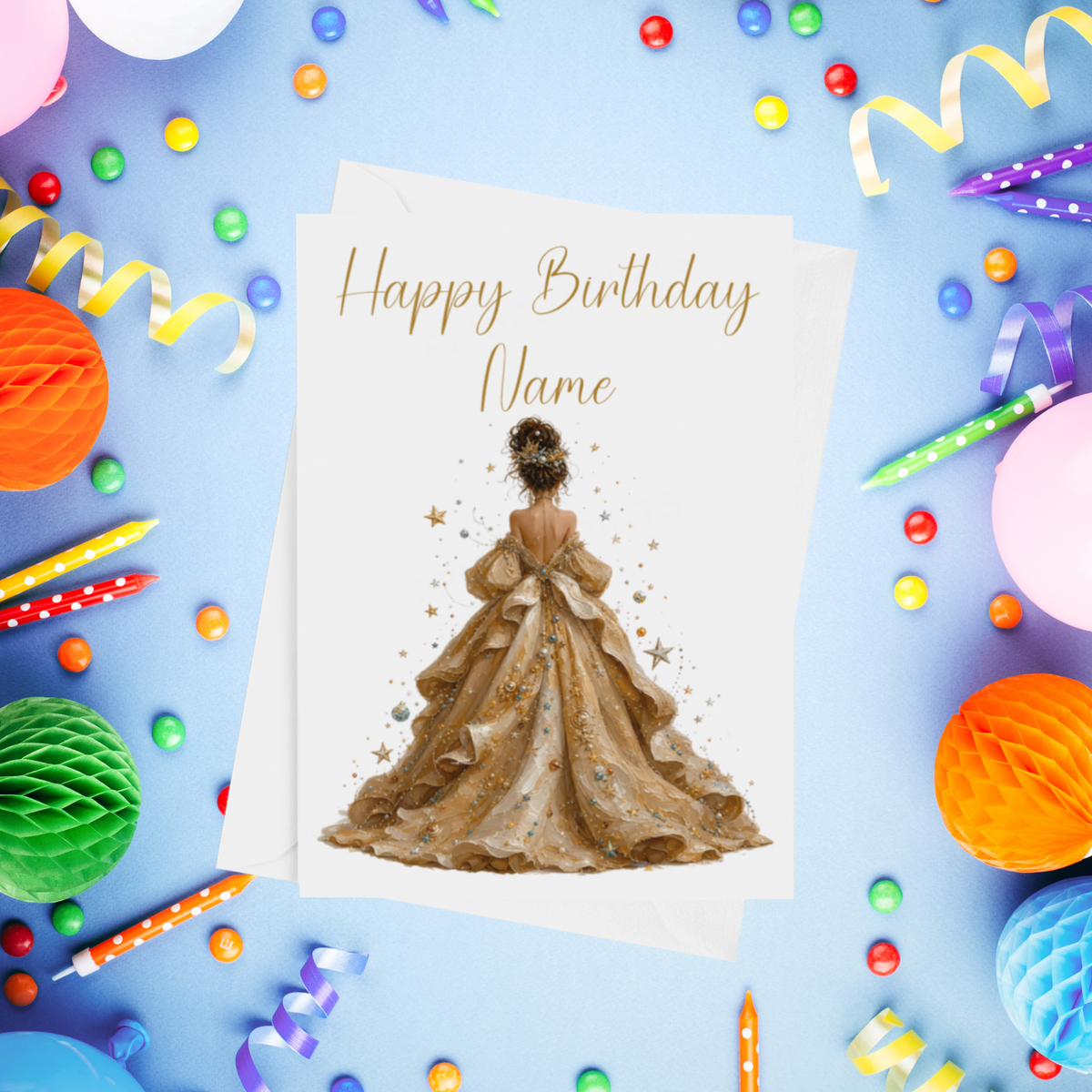 Woman in Pretty Dress 2 Personalised Birthday Card