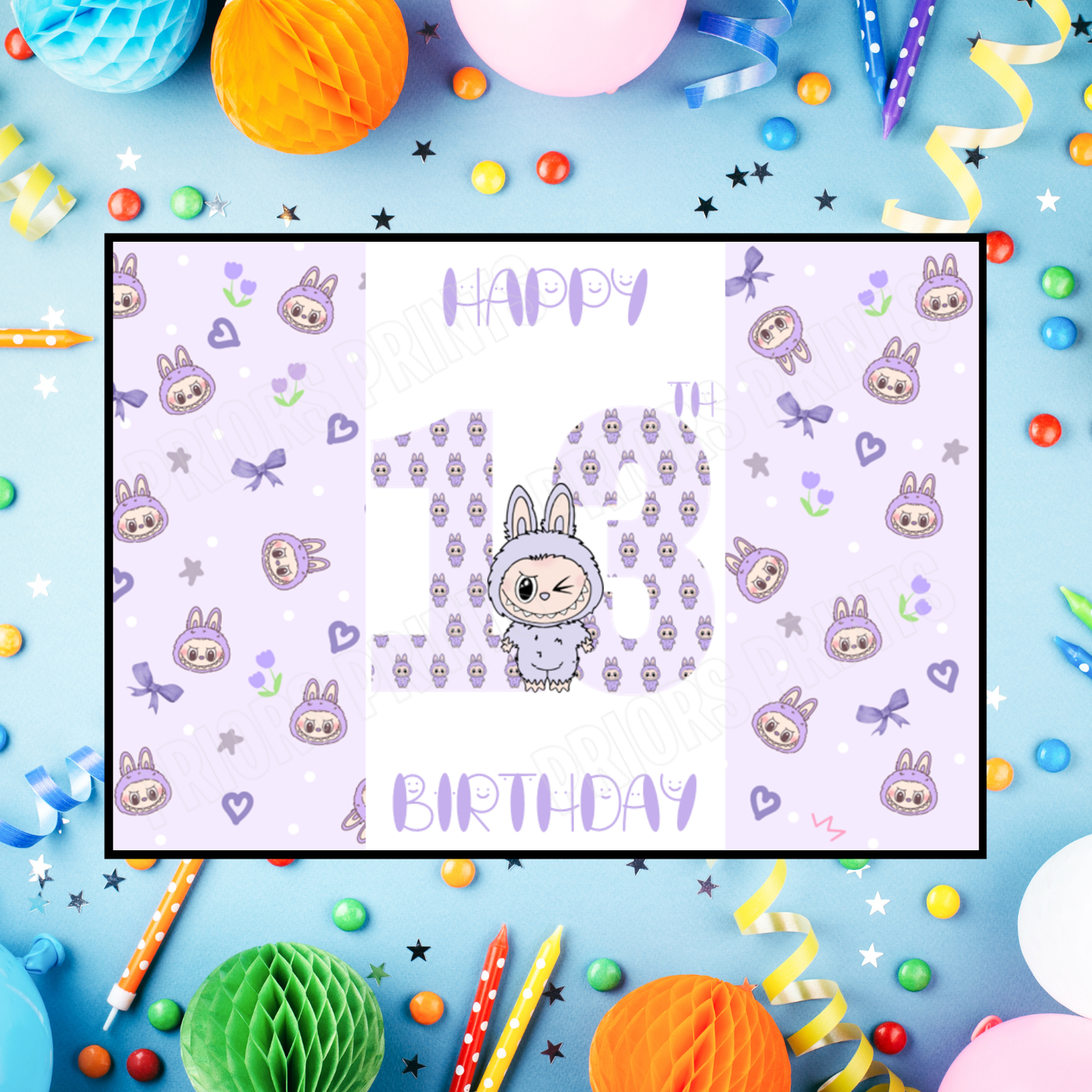 Purple Labubu Birthday Chocolate Bar Wrapper with Age 5-20 Years (Matches Cards)