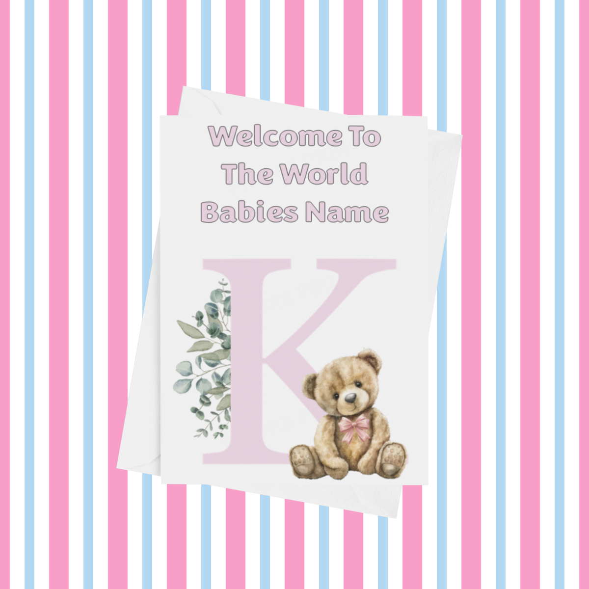 Cute Pink Bear Welcome To The World Personalised Card for New Baby