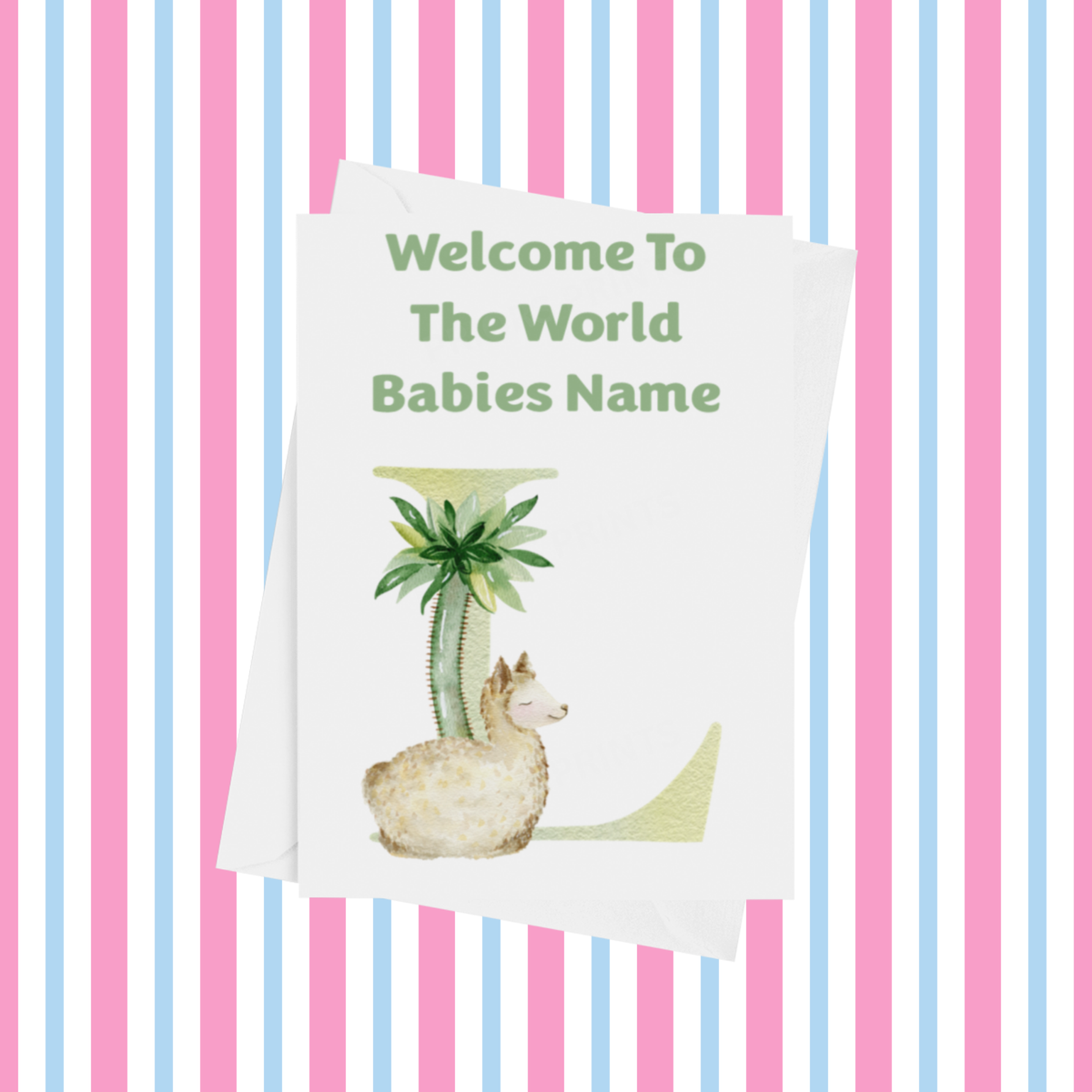 Welcome To The World Llama Personalised Card for New Baby in Green