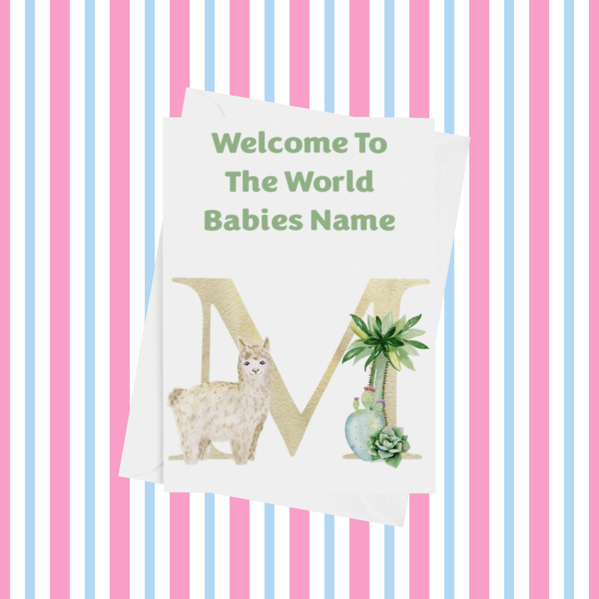 Welcome To The World Llama Personalised Card for New Baby in Green