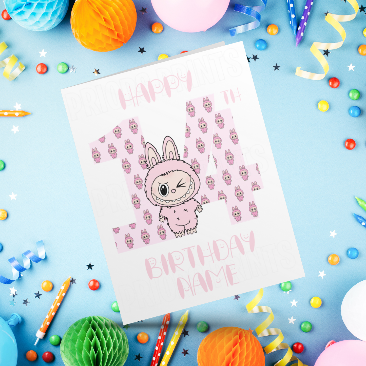 Personalised Labubu Birthday Card with Age 5-20 Years- Pink