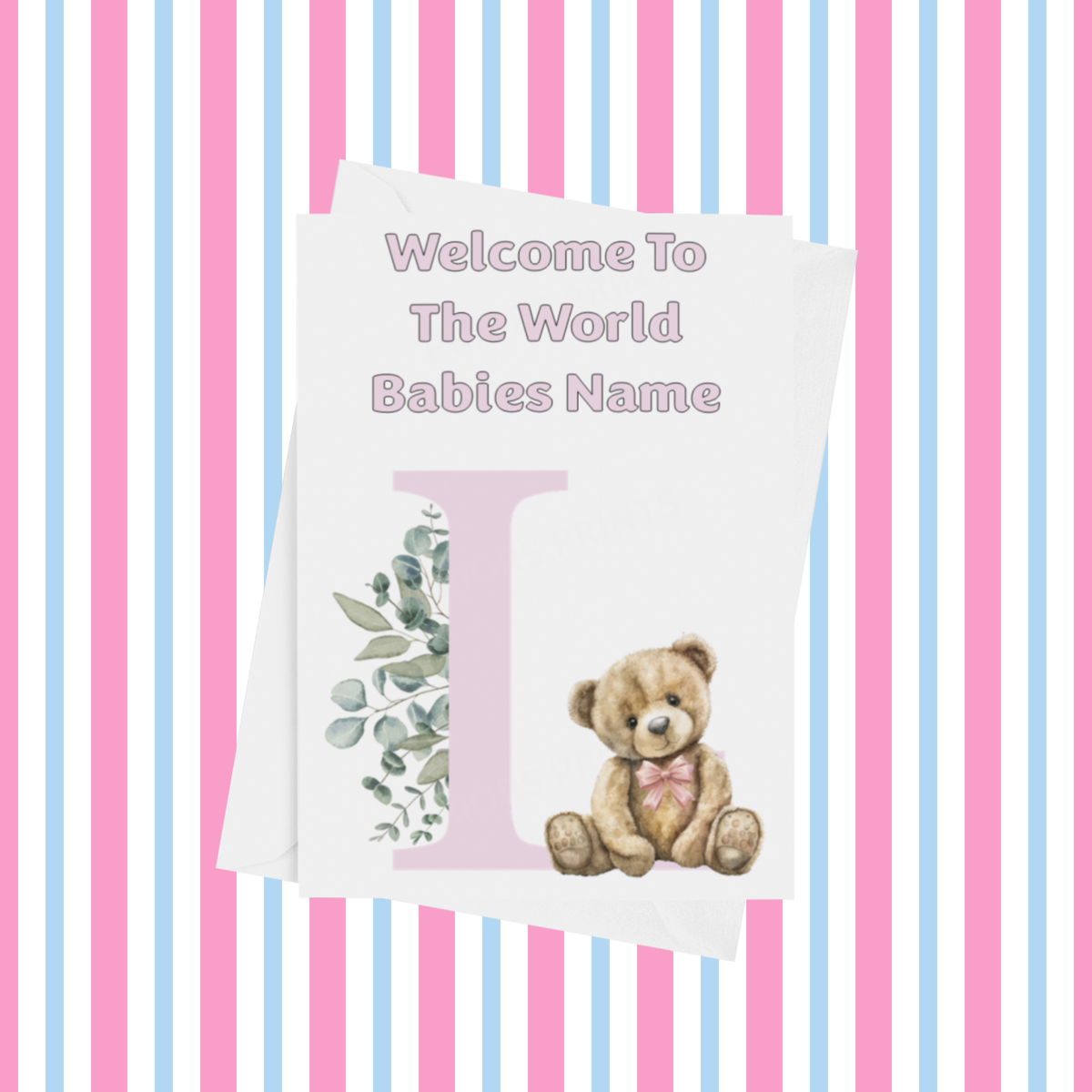 Cute Pink Bear Welcome To The World Personalised Card for New Baby