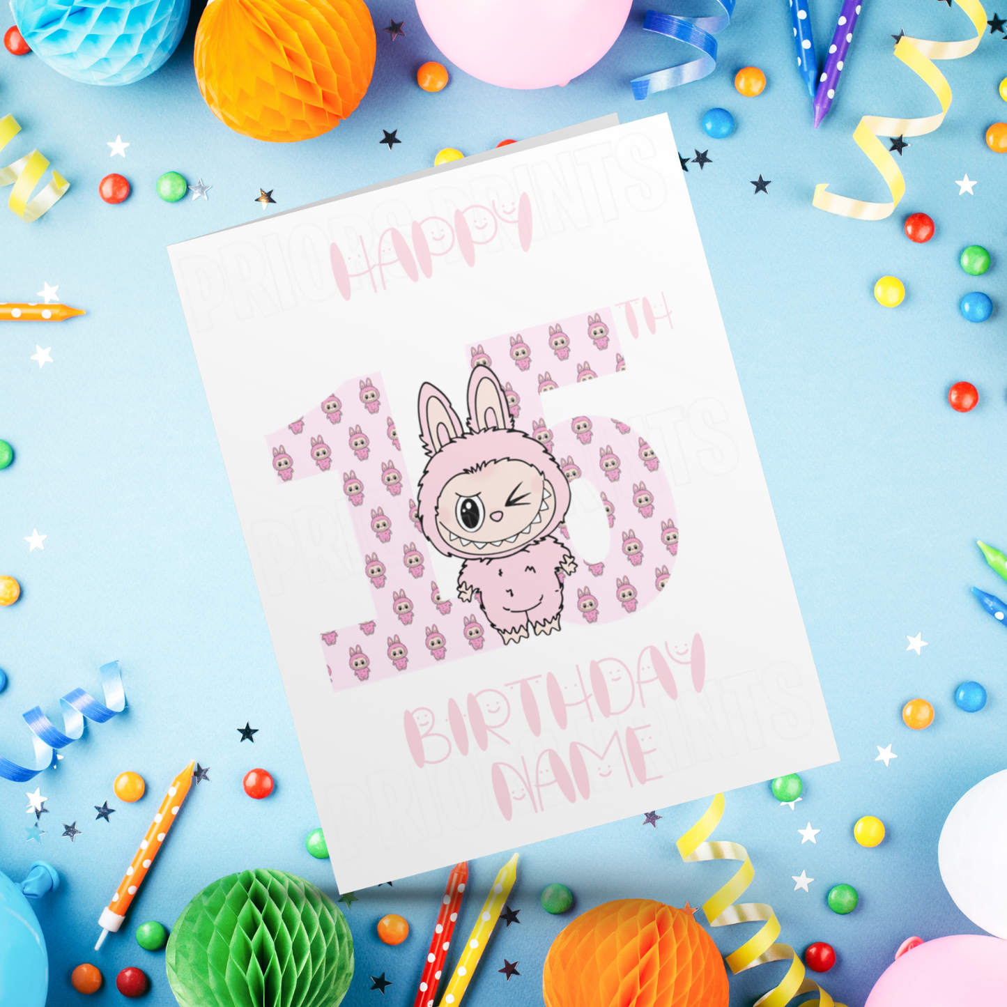 Personalised Labubu Birthday Card with Age 5-20 Years- Pink