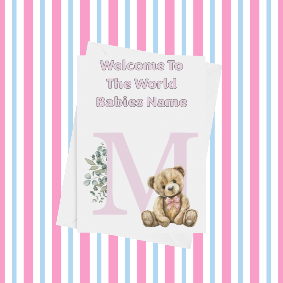 Cute Pink Bear Welcome To The World Personalised Card for New Baby